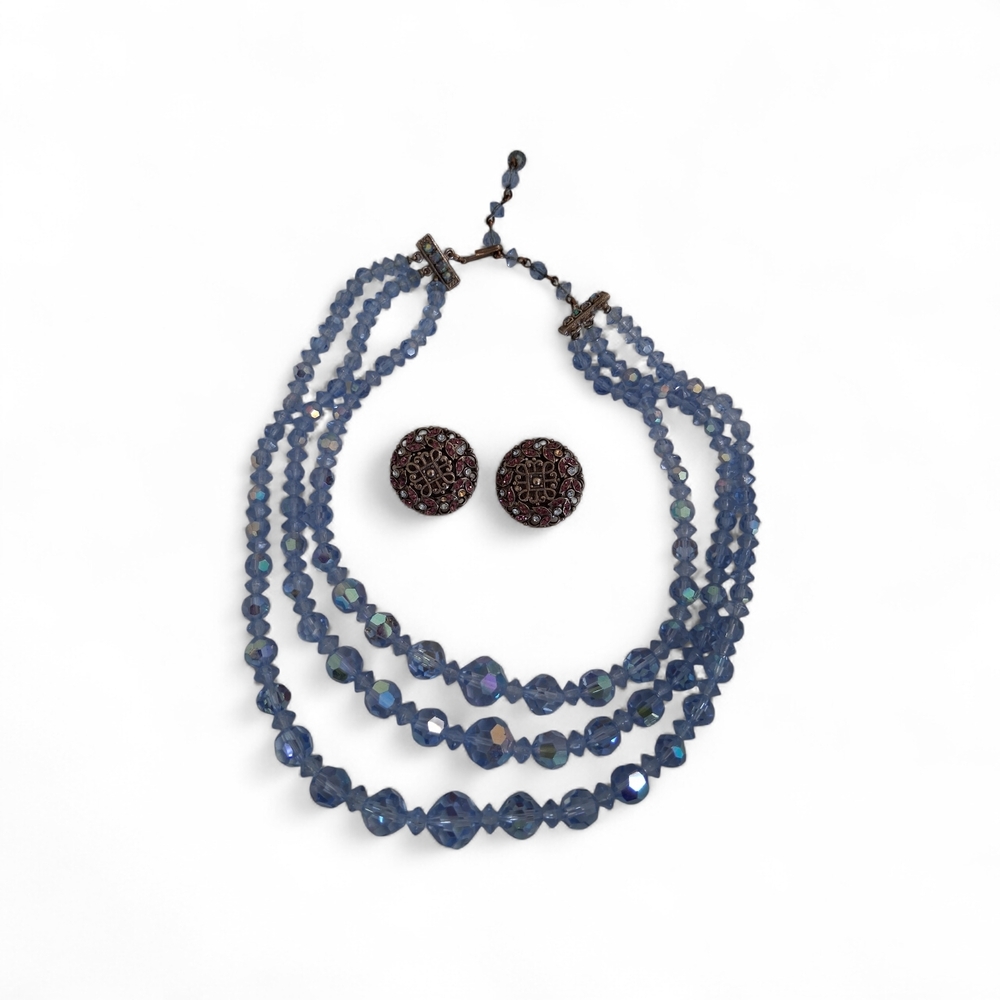 Vintage Periwinkle Blue Austrian Crystal Beaded Necklace and Earring Set